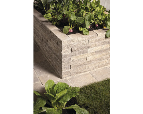 Hochbeet aus Steinblöcken mit Pflanzen und Gemüse bepflanzt.