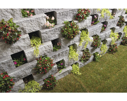Pflanzsteine bilden eine Mauer mit Bepflanzung