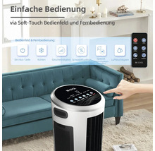 Luftkühler mit Soft-Touch Bedienfeld und Fernbedienung in einem Wohnzimmer