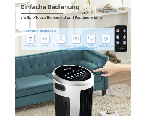Luftkühler mit Soft-Touch Bedienfeld und Fernbedienung in einem Wohnzimmer