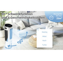 Turmventilator mit 90 Grad Schwenkfunktion und vier Geschwindigkeitsstufen in Wohnzimmer
