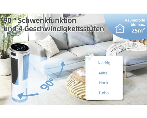 Turmventilator mit 90 Grad Schwenkfunktion und vier Geschwindigkeitsstufen in Wohnzimmer