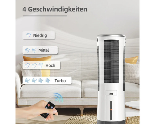 Luftkühler mit vier Geschwindigkeiten und Fernbedienung in Wohnzimmerumgebung