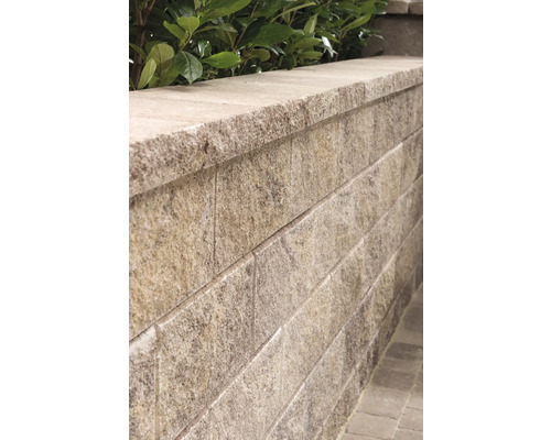 Gestaltungsidee mit beiger Gartenmauer aus Betonsteinen und Pflanzen