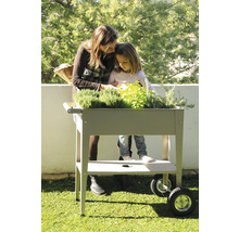 Mutter und Tochter bepflanzen Hochbeet mit Kräutern auf Terrasse