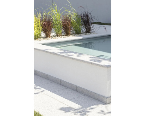 Swimmingpool mit Ziergräsern und gepflastertem Boden