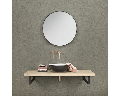 Badezimmerwaschbecken mit rundem Spiegel, Waschtisch und Armaturen