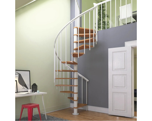 Raumszene mit Wendeltreppe aus Metall und Holz.