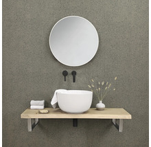 Modernes Badezimmer mit rundem Spiegel, Aufsatzwaschbecken, Waschtischplatte und Armaturen