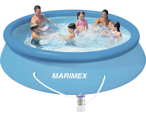 Aufblasbarer Pool mit Familie und Filterpumpe der Marke Marimex