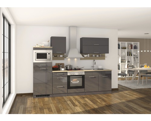 Moderne Küche mit Schränken, Regalen, Mikrowelle und Backofen in einem hellen Raum.