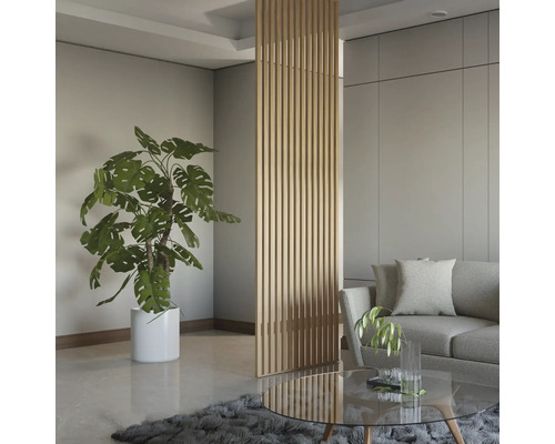 Wohnzimmer mit Raumteiler aus Holz, Sofa und Zimmerpflanze