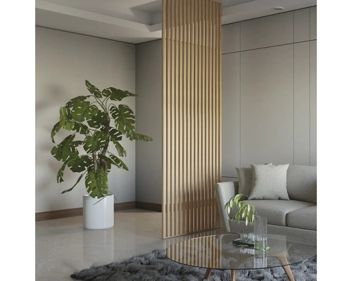 Wohnzimmer mit Holz Raumteiler, Sofa und Zimmerpflanze.