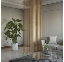 Wohnzimmer mit Raumteiler aus Holzlatten, Sofa und Zimmerpflanzen