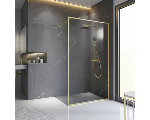 Walk In SCHULTE Trend 2.0 ExpressPlus 90 cm Profil gold matt Klarglas schmutzabweisende Glasbeschichtung Badezimmer mit Duschabtrennung aus Glas, Duschkopf und Waschtisch