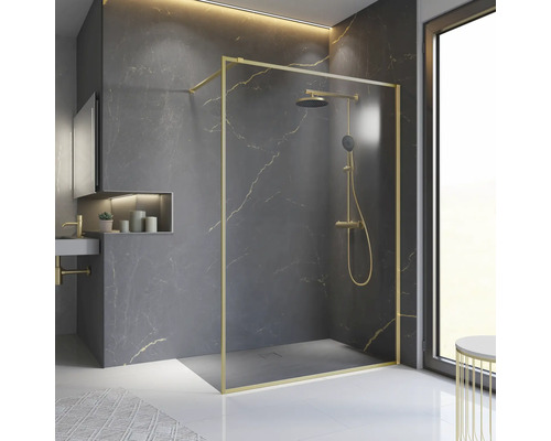 Modernes Badezimmer mit begehbarer Dusche, goldenen Armaturen und grauer Marmorwand