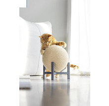 Katze kratzt an einem Kratzball auf einem Ständer.