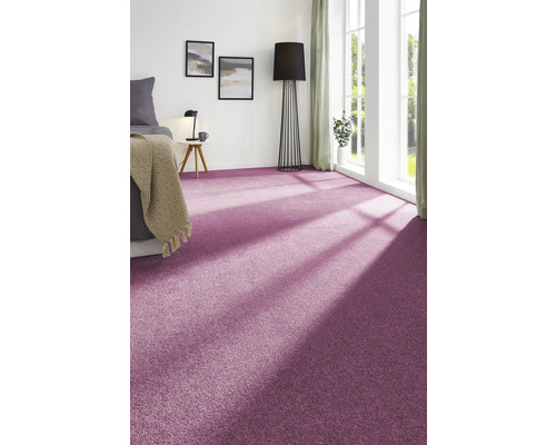 Schlafzimmer mit lila Teppichboden, Bett, Lampe und Fenstern für ein gemütliches Ambiente.