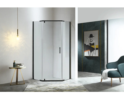 Eckdusche mit schwarzem Rahmen und Glastüren in einem Badezimmer