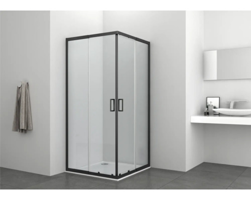 Eckdusche mit schwarzem Rahmen in einem Badezimmer