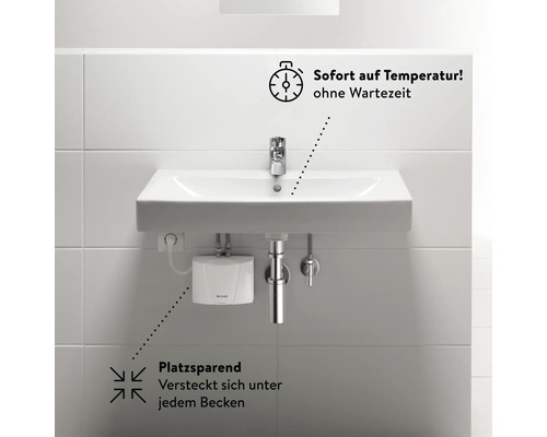 Waschbecken mit elektronischem Durchlauferhitzer für schnelles Erhitzen und platzsparende Installation