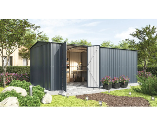 Metall Gartenhaus mit geöffneten Türen und Gartengestaltung