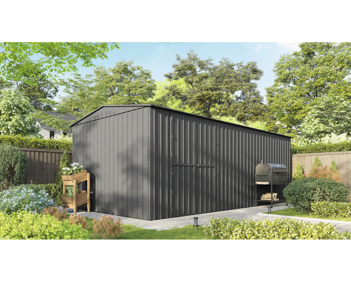 Metall Gerätehaus mit Grill im Garten