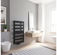 Modernes Badezimmer mit schwarzem Heizkörper, Waschtisch und Bidet