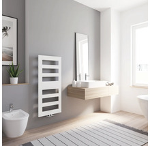 Helles Badezimmer mit weißem Heizkörper, Bidet und Waschtisch