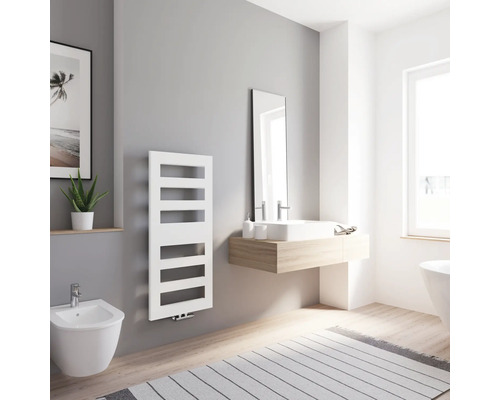 Helles Badezimmer mit weißem Heizkörper, Bidet und Waschtisch