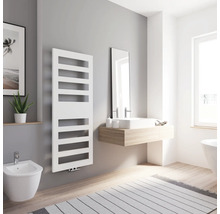 Modernes Badezimmer mit weißem Heizkörper, Waschtisch und Bidet für ein helles, organisiertes Ambiente