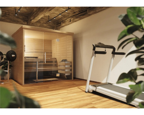 Bockbohlensauna RoRo ABN KG1 ohne Ofen mit Ganzglastür aus Klarglas und Ganzglasfensterfront Helle Sauna aus Holz mit Glastür und Laufband in einem Fitnessraum