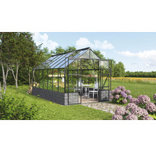 Gewächshaus im Garten mit Pflanzen und Gartenmöbeln.