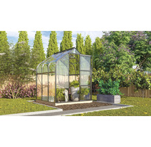 Gewächshaus aus Glas und Metall im Garten mit Pflanzen