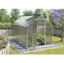 Gewächshaus mit geöffneter Tür und Dachfenster im Garten