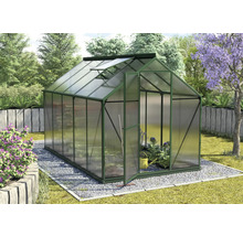Gewächshaus im Garten mit geöffneter Tür und Dachfenster