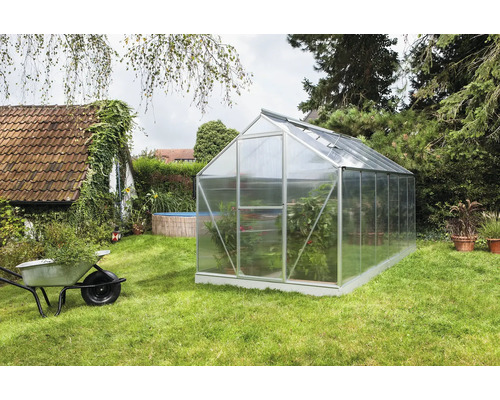 Gewächshaus im Garten mit Pflanzen und Schubkarre.