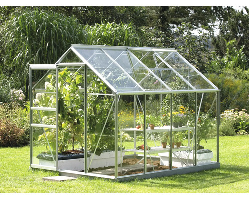 Gewächshaus Vitavia Venus 5000 Einscheibensicherheitsglas 3 mm 195x257 cm Aluminium Gewächshaus im Garten mit Pflanzenregalen und Gemüsebeeten