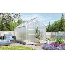 Gewächshaus im Garten mit geöffneter Tür und Pflanzen