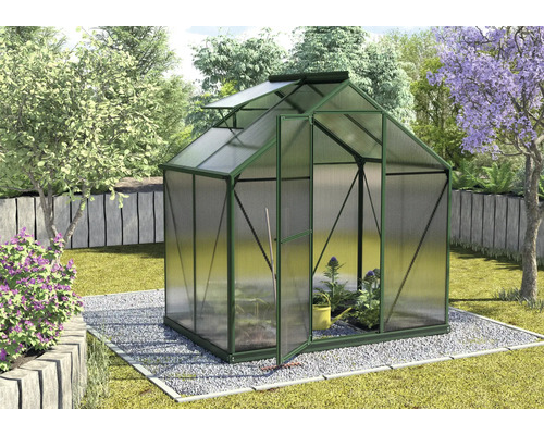 Gewächshaus im Garten mit geöffneter Tür und Pflanzen im Inneren.