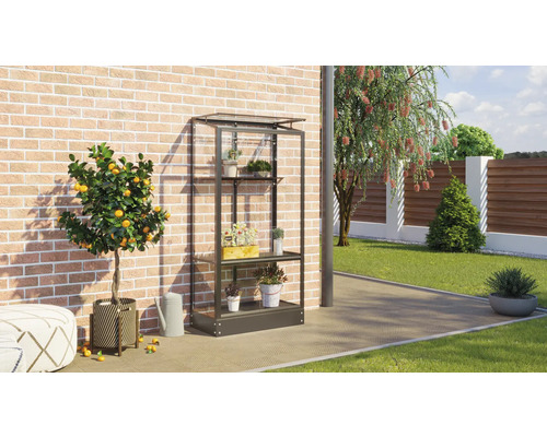 Gewächshausregal aus Metall mit Pflanzen vor einer Ziegelwand