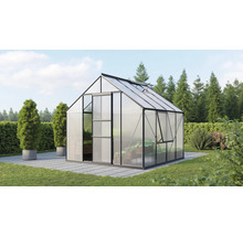Gewächshaus im Garten mit geöffnetem Fenster und Schiebetür.