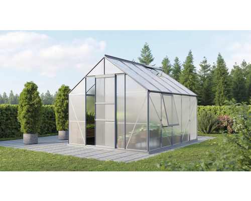 Gewächshaus Vitavia Meridian 1 8300 Hohlkammerplatten 6 mm 257x321 cm Aluminium Gewächshaus mit Pflanzen im Garten