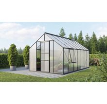Gewächshaus mit geöffnetem Fenster und Tür im Garten
