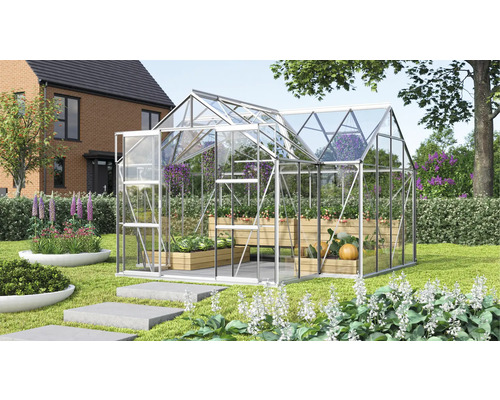 Gewächshaus Vitavia Sirius Einscheibensicherheitsglas 3 mm 383x383 cm Aluminium Gewächshaus im Garten mit Bepflanzung