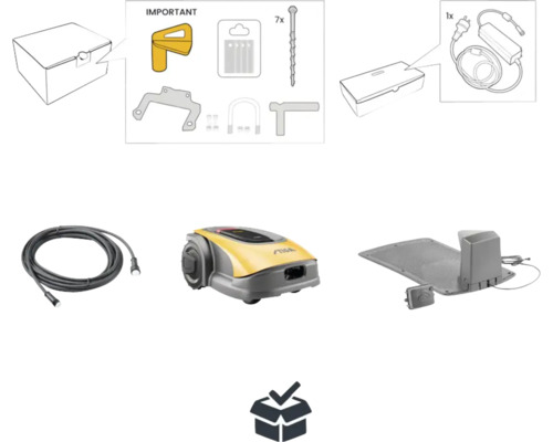 Stiga Mähroboter mit Zubehör wie Begrenzungskabel, Haken und Ladestation