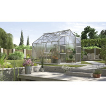 Gewächshaus im Garten mit Pflanzen und Gartenmöbeln