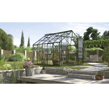 Gewächshaus im Garten mit Pflanzen und Gartenmöbeln