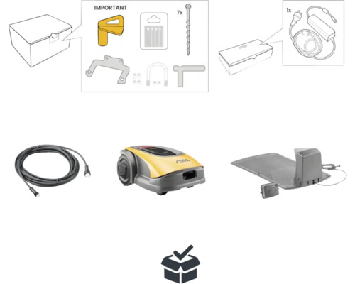 Abbildung eines Mähroboters mit Zubehörteilen wie Kabel, Ladestation und Befestigungsmaterial