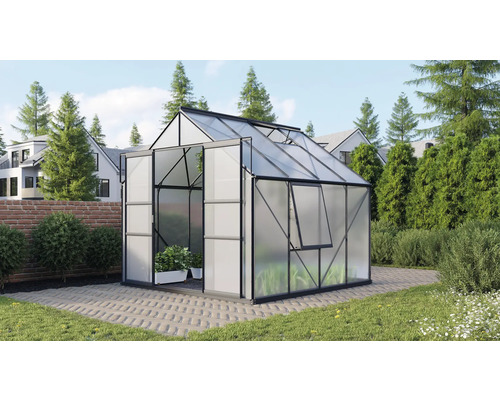 Gewächshaus Vitavia Meridian 2 6700 Hohlkammerplatten 6 mm 257x258 cm schwarz Gewächshaus mit geöffneter Tür und Fenster im Garten.